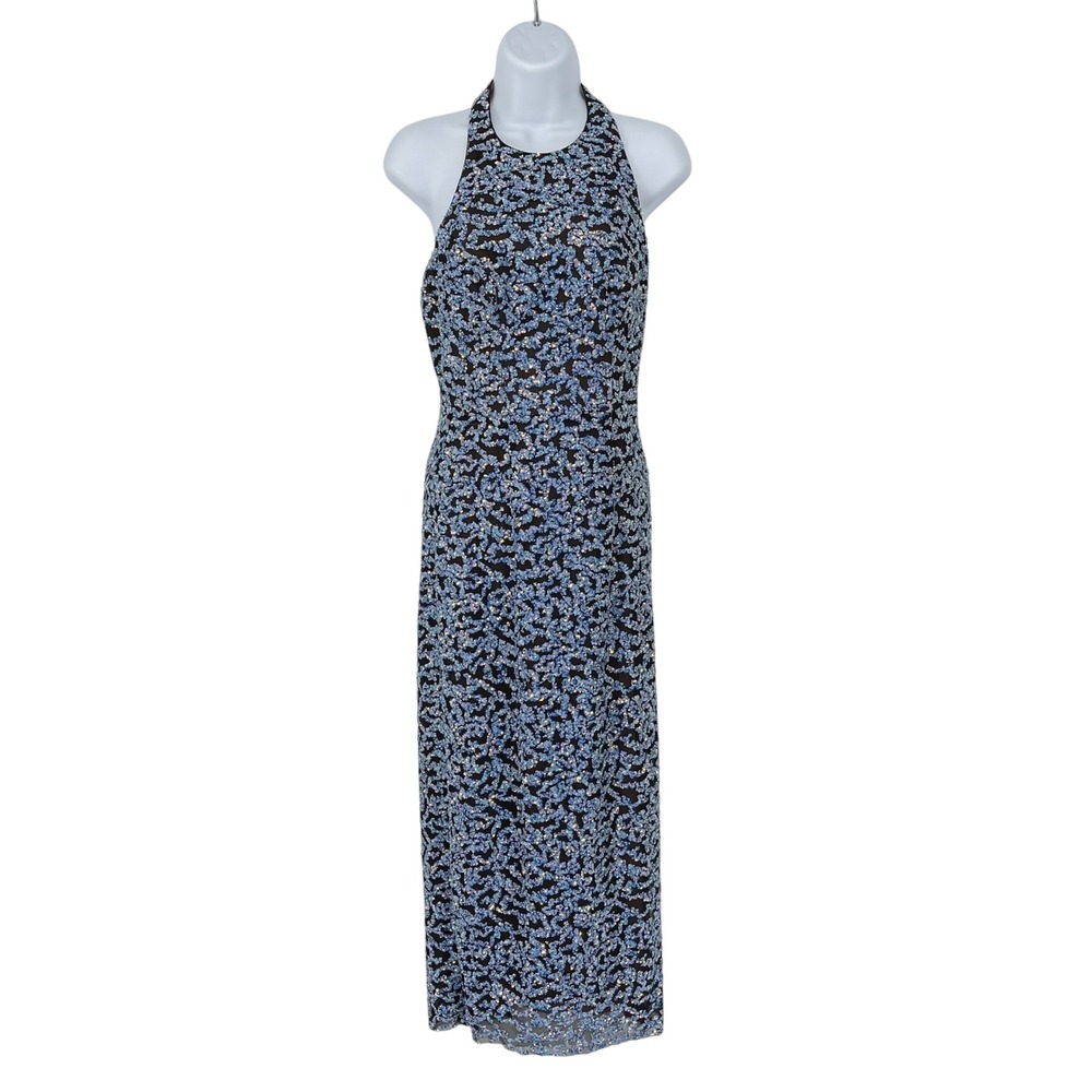 Dress The Population Maxi Halter Dress Blue Sequin Size XS Backless Party Formal